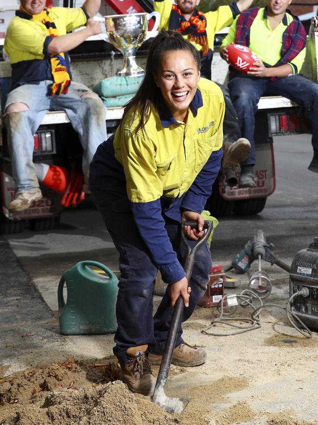 Justine Mules head back to work in 2017, after winning the inaugural AFLW premiership with the Adelaide Crows. Picture: SARAH REED