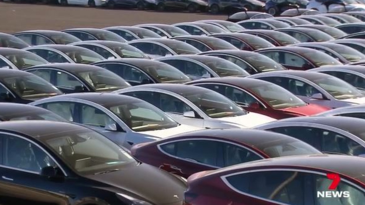 Around 2,000 Teslas arrive at Port Melbourne every month. Picture: 7News