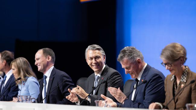 BHP chief executive Mike Henry and other board members at the AGM in Brisbane. Picture: Luke Marsden