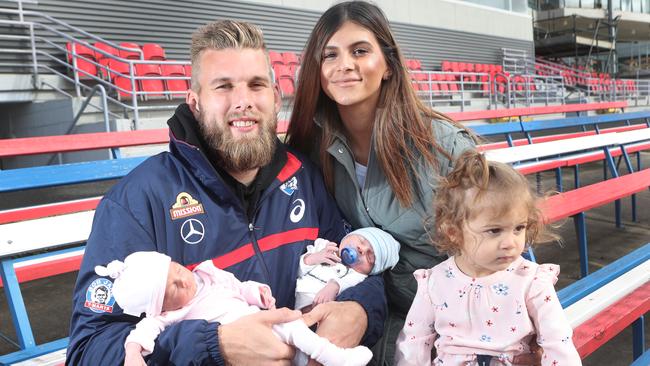 Western Bulldogs recruit Jackson Trengove with his new twins, Isaiah and Zalia, partner Stephanie Mustica and daughter Sophia. Picture: David Crosling