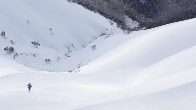 What goes down… Huw Kingston climbs out after a long run down the Snowy Mountains’ Western Faces.