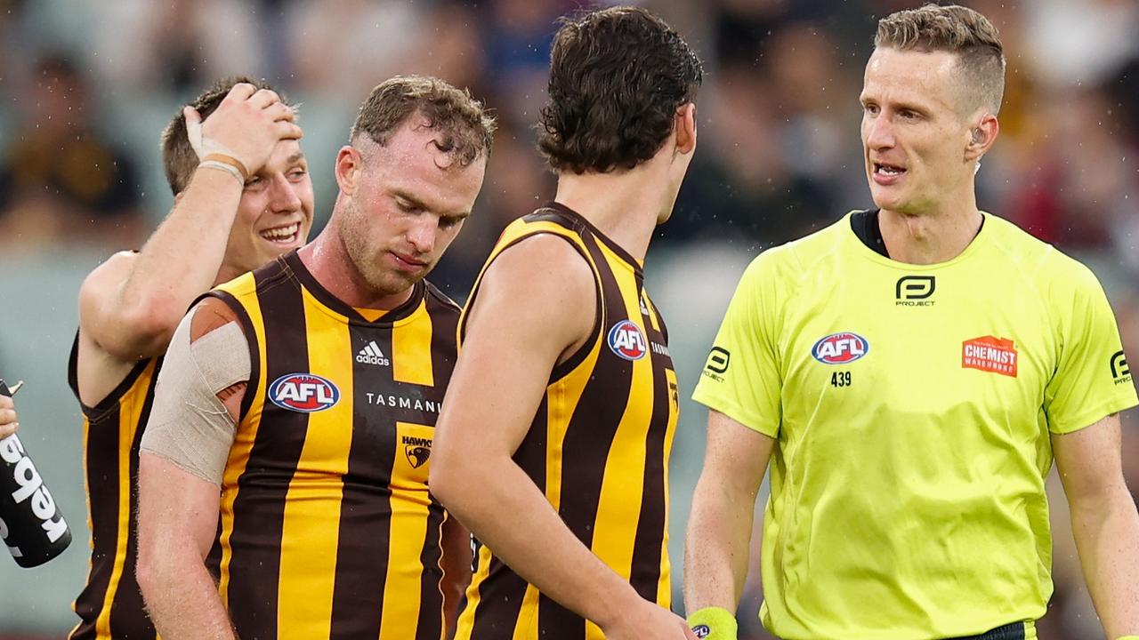 Tom Mitchell copped a 50m penalty for dissent. Picture: Getty Images