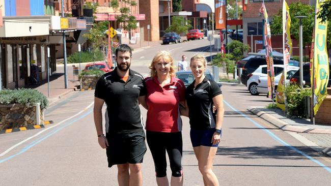 A town with a healthy future ... Snap Fitness at Whyalla staff Phillip Knibbs, Joanne Marshall and Emma Skeldon on the town’s main street in 2017. Picture: Greg Higgs