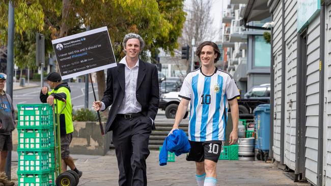 Gryan Miers (right) dressed as Lionel Messi at last year’s Mad Monday celebrations. Picture: Jason Edwards