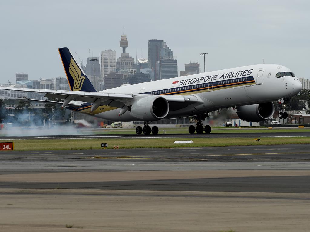 Singapore Airlines flight SQ231, carrying the first Australian shipment of the COVID-19 Pfizer vaccine, touches down at Sydney International Airport on February 15. Picture: Bianca De Marchi