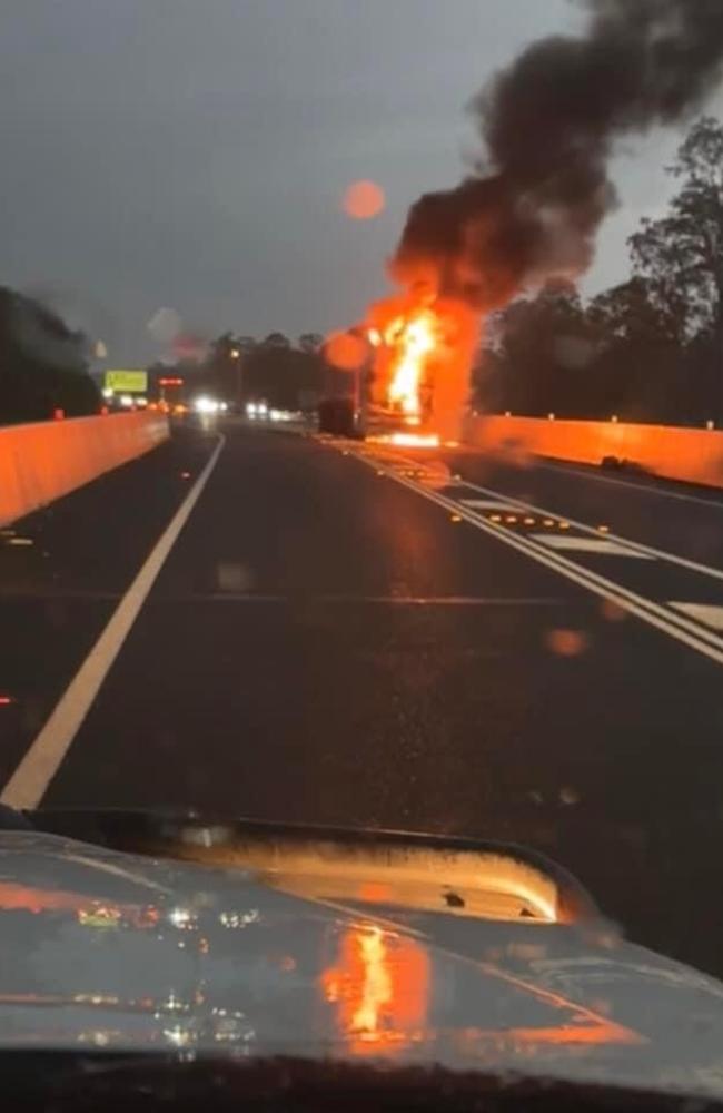 The Bruce Highway was shut after a truck burst into flames after a crash at Aldershot near Maryborough.