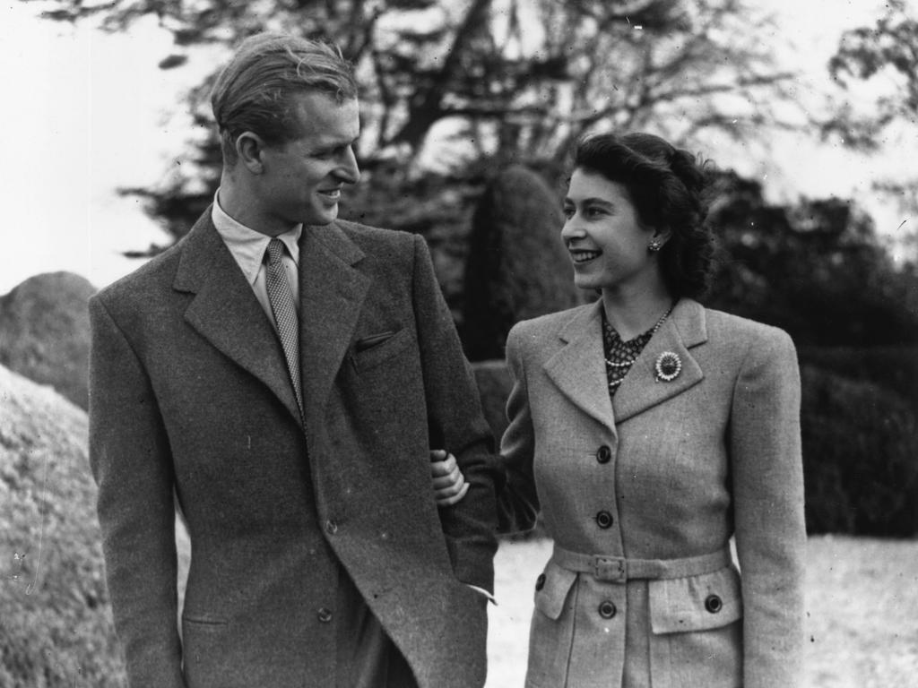 November 24, 1947: Princess Elizabeth and Prince Philip enjoying a walk during their honeymoon at Broadlands, Romsey, Hampshire. Picture: Topical Press Agency/Getty Images