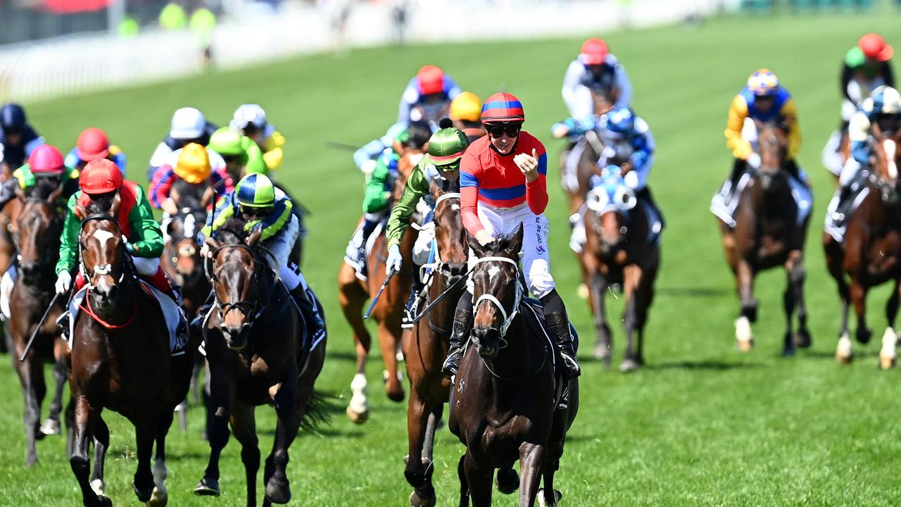 James Mcdonald riding Verry Elleegant to victory in the 2021 Melbourne Cup.