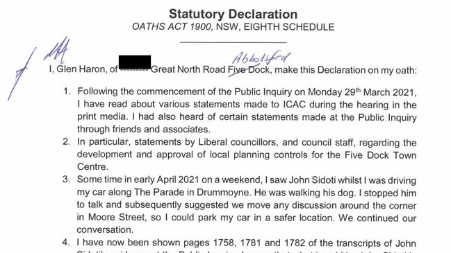 The statutory declaration signed by Glen Haron.