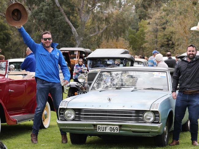 Bay to Birdwood: Dylan Pedler with Brady Blacker and a 1969 Valiant Regal, driven from Cummins on Eyre Peninsula. Picture: Russell Millard
