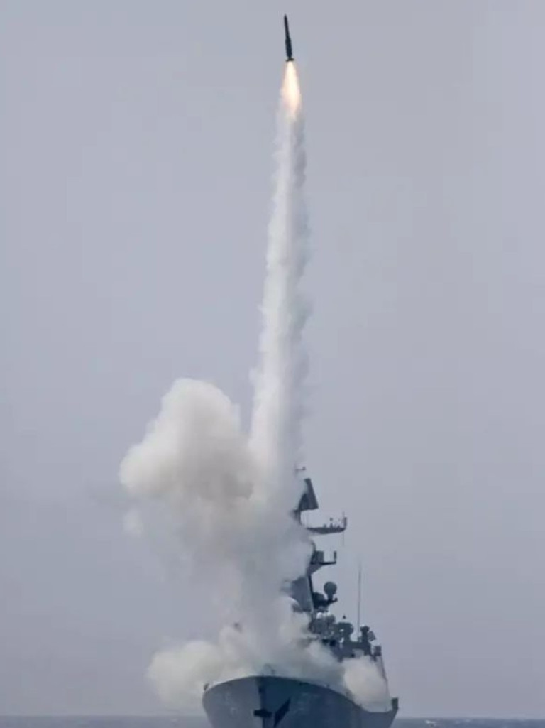 PLAN (People’s Liberation Army navy) 052C destroyer Haikou Ship (171), a 054A frigate Yueyang Ship (575) conduct a live fire exercise. Picture: sina/PLA