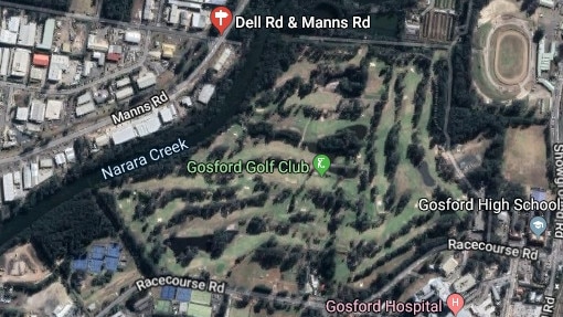 Map showing the intersection of Manns Rd and Dell Rd where the crash occurred, nearby Narara creek and the Gosford golf course. Picture: Google Maps