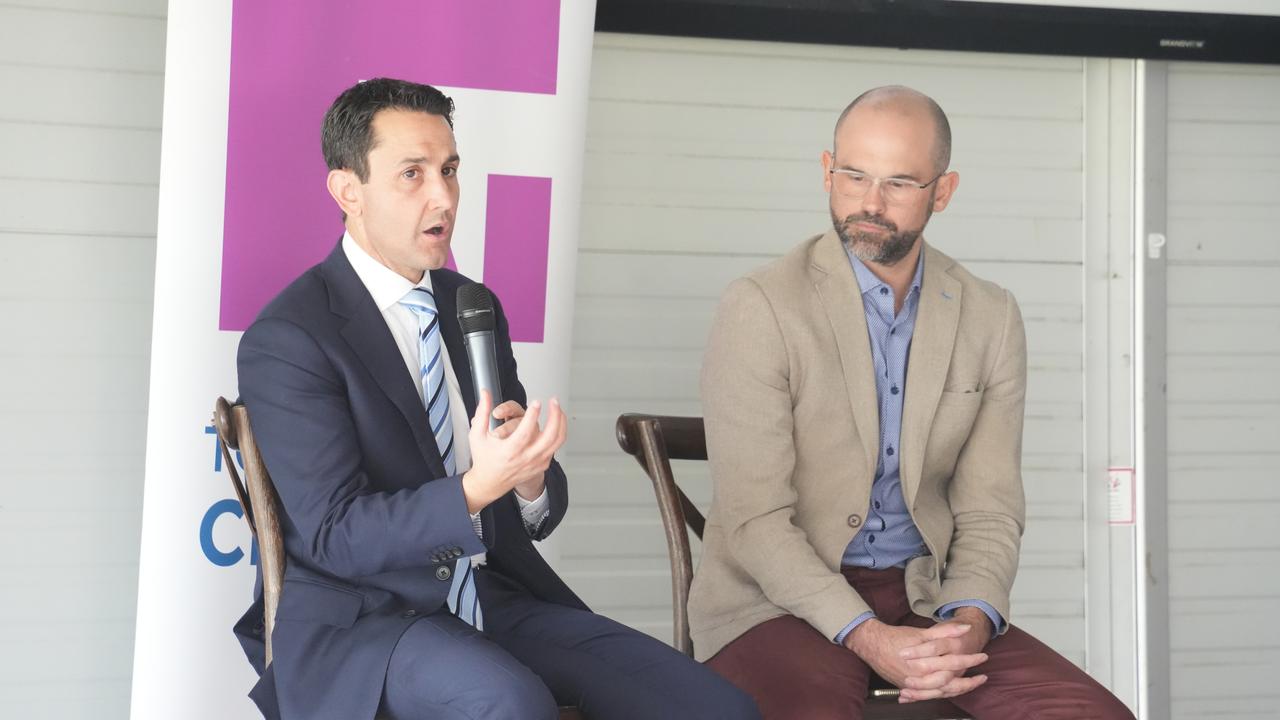 Queensland Opposition Leader David Crisafulli, with Toowoomba South MP David Janetzki, speaks at the Toowoomba Chamber of Commerce's business breakfast at Clifford Park, June 27, 2024.