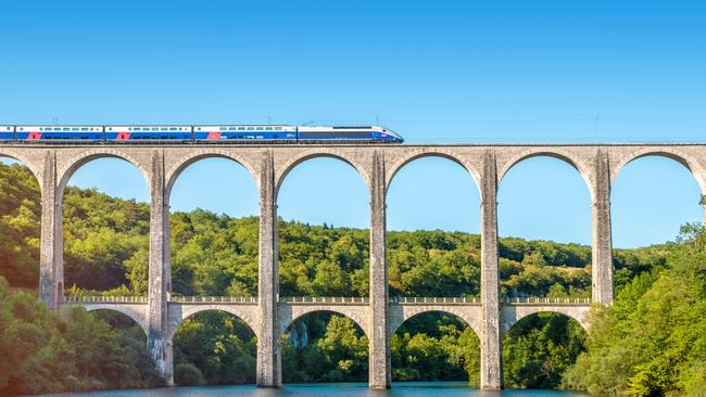 A French high speed train TGV operated by SNCF, national rail operator on Cize-Bolozon viaduct bridge in Ain, Rhone-Alpes region in France. Picture: iStock