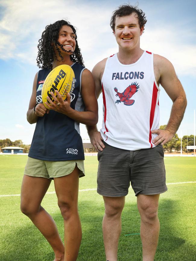 Czenya Cavouras with her husband, Flagstaff Hill three-time premiership player and two-time Mail Medallist Michael Shearer. Picture: AAP /Dean Martin