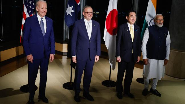 US President Joe Biden, Australia's Prime Minister Anthony Albanese Japan's Prime Minister Fumio Kishida and India's Prime Minister Narendra Modi hold a quad meeting on the sidelines of the G7 Leaders' Summit. Picture: Jonathan Ernst/AFP