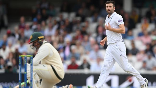 Usman Khawaja reacts after being hit on the helmet by a delivery from Mark Wood. Picture: Getty Images