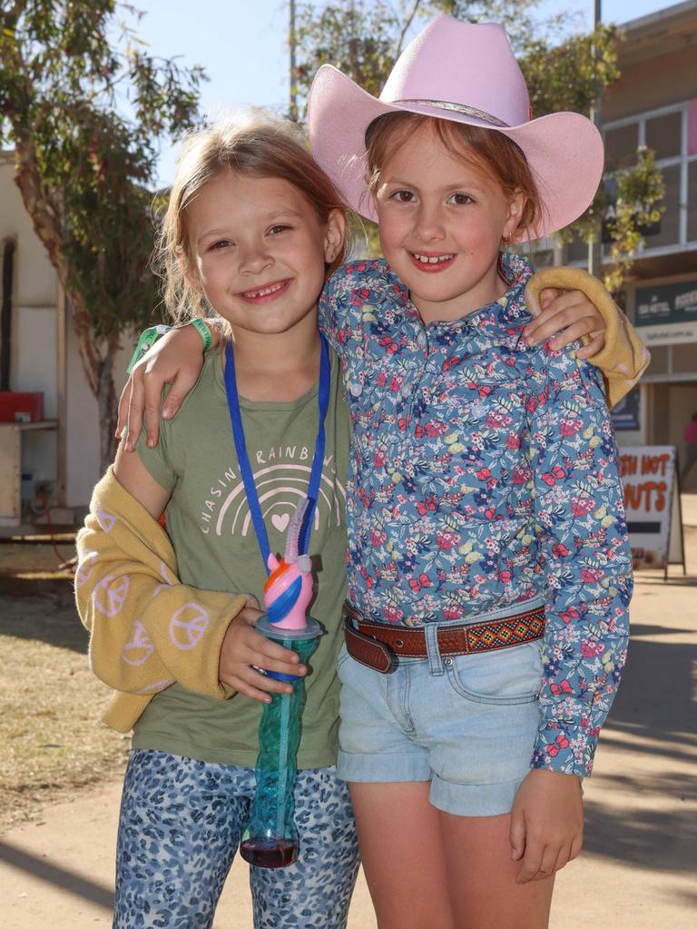 Aubrey Arthurs, 7, and Aubree Matthews, 7, at Mount Isa Mines Rodeo. Picture: Peter Wallis