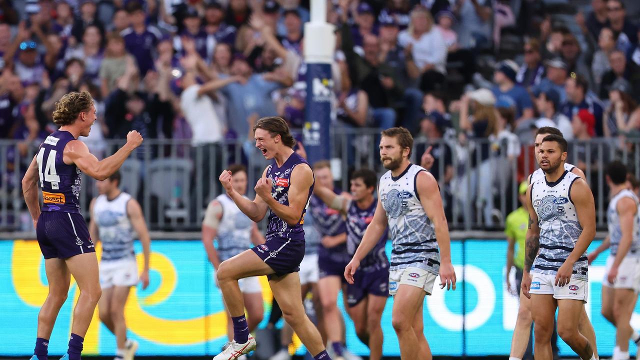 Jye Amiss celebrates a goal against Geelong.