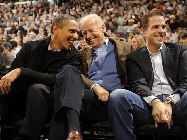 A bombshell report on Hunter Biden’s (far right, with dad Joe and Barack Obama) business dealings could have ramifications for his father’s presidential hopes. Picture: Getty Images