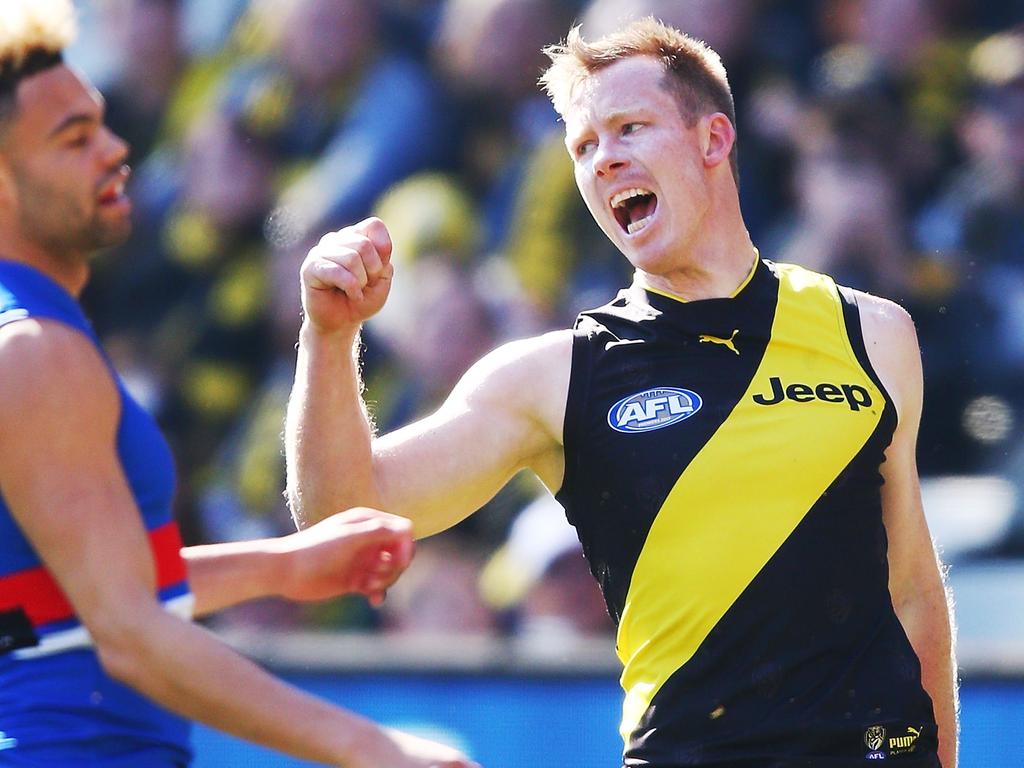 MELBOURNE, AUSTRALIA - AUGUST 25:  Jack Riewoldt of the Tigers celebrates a goal during the round 23 AFL match between the Richmond Tigers and the Western Bulldogs at Melbourne Cricket Ground on August 25, 2018 in Melbourne, Australia.  (Photo by Michael Dodge/Getty Images)