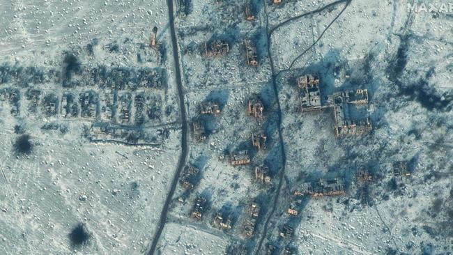 This satellite image taken and released on January 10, 2023 shows the destroyed schools and buildings in southern Soledar, near Bakhmut in eastern Ukraine. Picture: ©2022 Maxar Technologies / AFP.