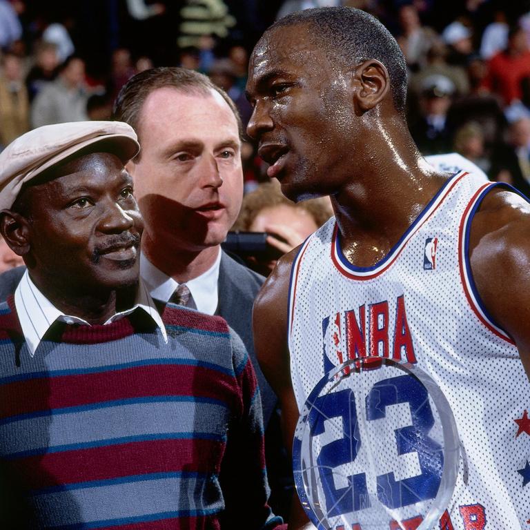 James and Michael Jordan at the 1988 NBA All-Star game where Michael was named game MVP. (Photo by Robert Mora/NBAE via Getty Images)