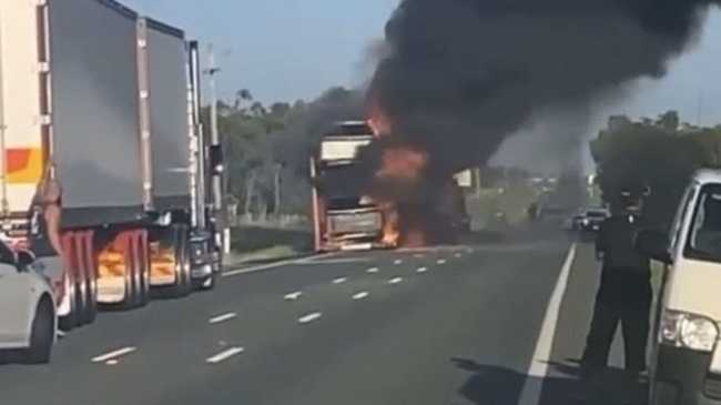 Bruce Highway closed near Bowen as truck busts into flames