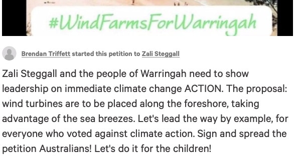 A change.org petition calling for Zali Steggall to install wind turbines on the northern beaches. Picture: change.org.