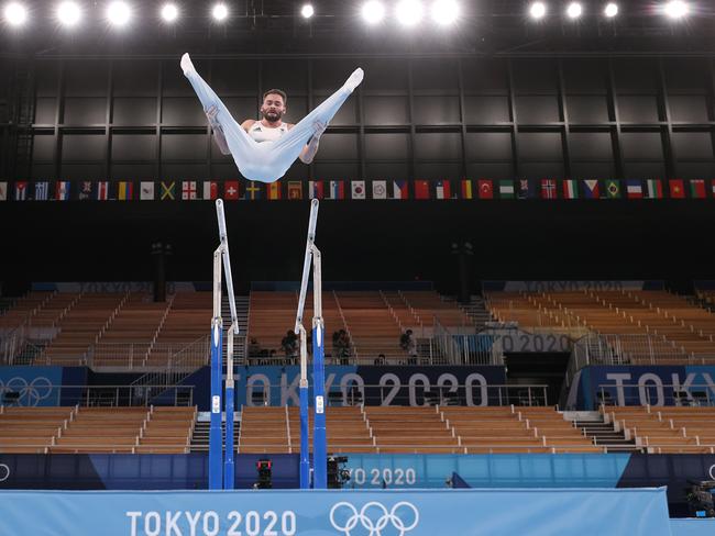 James Hall of Team Great Britain on the parallel bars during a practice session at the Ariake Gymnastics Centre. Picture: Getty Images