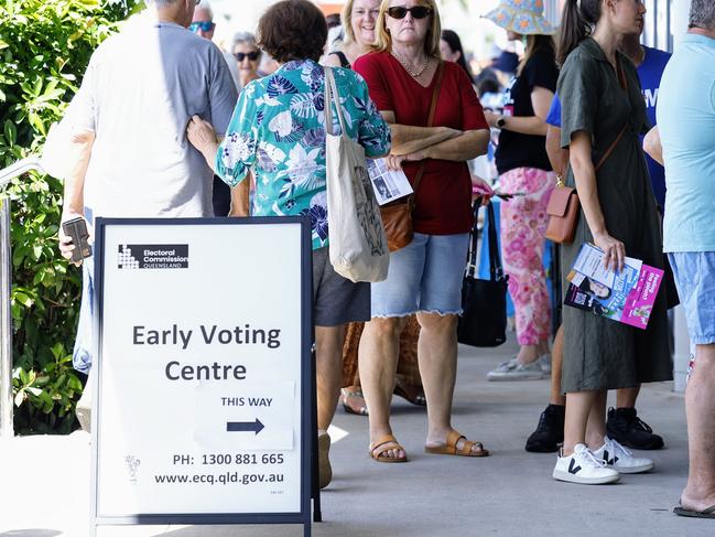 Friday marked the final day of pre poll voting in the local government elections. Early voters line up at the pre polling booth at Mulgrave Road, Westcourt, to cast their vote. Picture: Brendan Radke