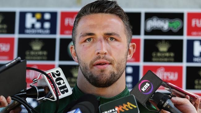 South Sydney's Sam Burgess fronts the media after allegations were made of him exposing himself on social media. Picture: Brett Costello