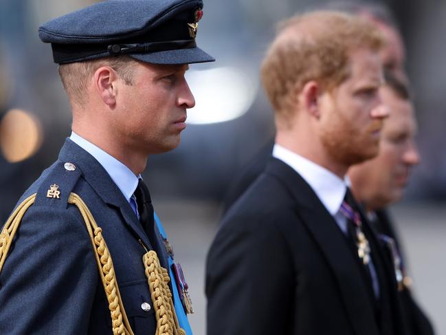 Prince William and Prince Harry stood side-by-side behind the Queen’s coffin. Picture: Getty Images