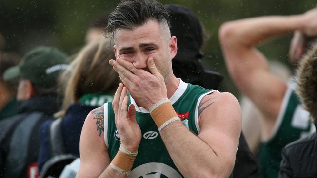 Greensborough captain Chris Clark dejected after the loss. Picture: Hamish Blair