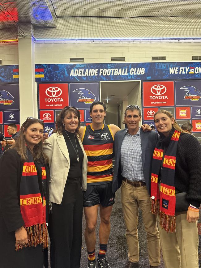 Izzy is the daughter of Australian Diamonds great Jenny Borlase four-time SANFL premiership player Darryl Borlase. Pictured with family L-R Ella, Jenny, James, Darryl and Isobel. Picture: Supplied