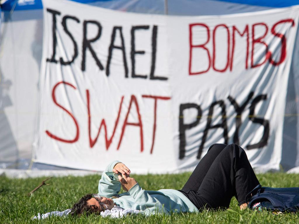 A protest camp at Swarthmore College in Pennsylvania. At least 40 colleges across the US, as well as universities in Paris, Rome, the UK, Sydney and Melbourne, have pro-Palestine camps. Picture: Matthew Hatcher/Getty Images/AFP