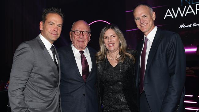 Lachlan Murdoch, Rupert Murdoch, Penny Fowler and Michael Miller at the News Awards in 2018, held at the Hyatt Regency, Sydney. Picture: Jonathan Ng