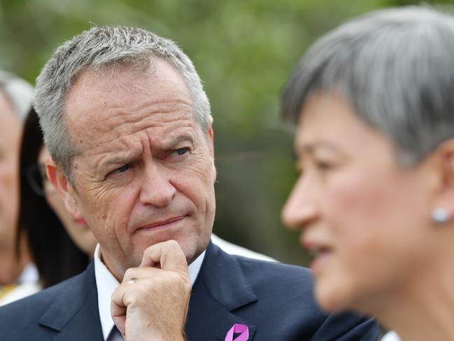 Leader of the opposition Bill Shorten, and Labor Senator for South Australia Penny Wong are seen at a media doorstop at Montefiore Hill in North Adelaide, Friday, March 8, 2019. Bill Shorten is announcing funding for transport infrastructure in Adelaide. (AAP Image/David Mariuz) NO ARCHIVING