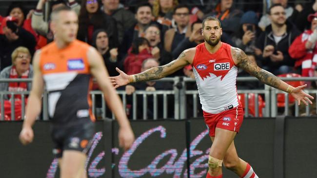 Buddy celebrates his massive roost against GWS. Picture: AAP