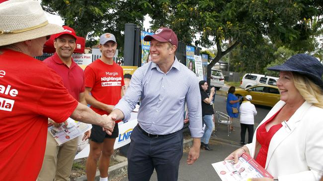 Queensland Premier Steven Miles and local candidate Margie Nightingale at the Inala State School during the elections. Picture: NCA NewsWire/Tertius Pickard