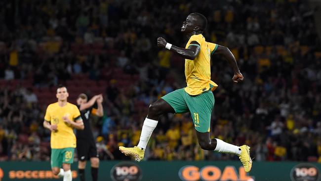 Awer Mabil celebrates his goal against New Zealand in September. (Photo by Matt Roberts/Getty Images)