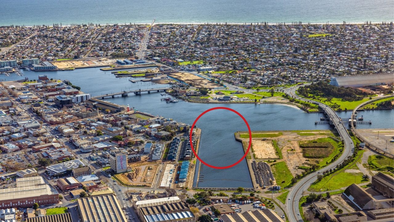 An aerial picture of the Dock One housing project at Port Adelaide and where the bridge would go. Picture: Supplied