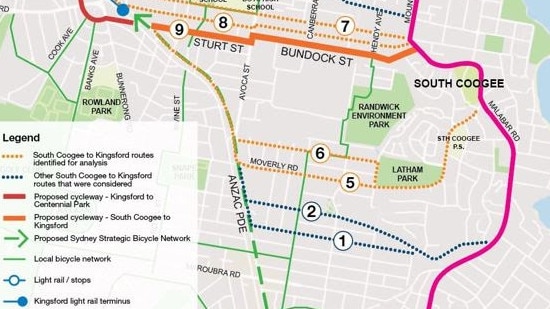 The new proposed routes of an east-west cycle track from Coogee to Kingsford. Picture: Randwick Council