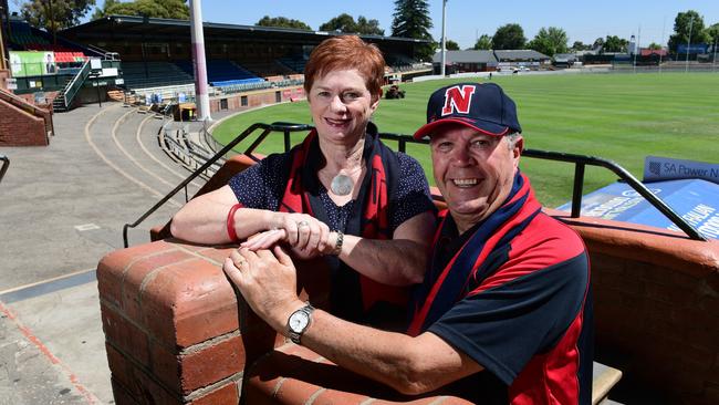 Bruce and Sue McAuliffe celebrate the $5.4 million upgrade of Norwood Oval clearing its final hurdle. Picture: Campbell Brodie