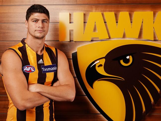 Jonathon Patton of the Hawks poses during a Hawthorn Football Club media opp at Multimedia Studio Ricoh Centre in Melbourne, Wednesday, October 16, 2019. (AAP Image/Scott Barbour) NO ARCHIVING