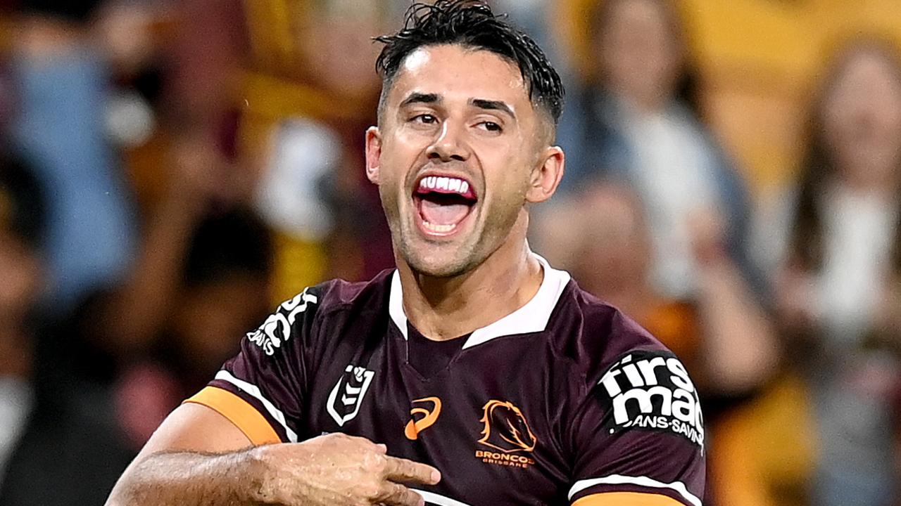 BRISBANE, AUSTRALIA - APRIL 30: Jesse Arthars of the Broncos celebrates scoring a try during the round 8 NRL match between the Brisbane Broncos and the Gold Coast Titans at Suncorp Stadium, on April 30, 2021, in Brisbane, Australia. (Photo by Bradley Kanaris/Getty Images)