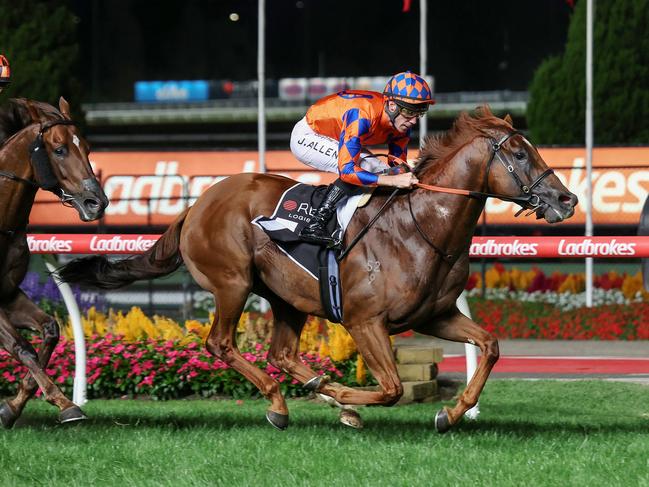 Johnny Rocker ridden by John Allen wins the The Orbit Logistics Valley Summer Sprint Final at Moonee Valley Racecourse on March 08, 2024 in Moonee Ponds, Australia. (Photo by George Salpigtidis/Racing Photos via Getty Images)