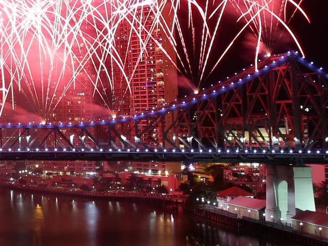 Riverfire, from a vantage point in New Farm, of the Story Bridge and the City. Pic Jono Searle