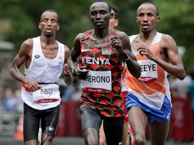 Netherlands' Abdi Nageeye, Belgium's Bashir Abdi and Kenya's Lawrence Cherono. Picture: AFP