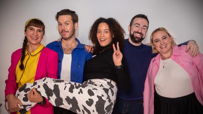 Sydney comedian Maddie Houlbrook-Walk, in pink on the right, is in the running to win $175,000 in the OnlyFans Creative Fund Grand prize. Picture: Supplied